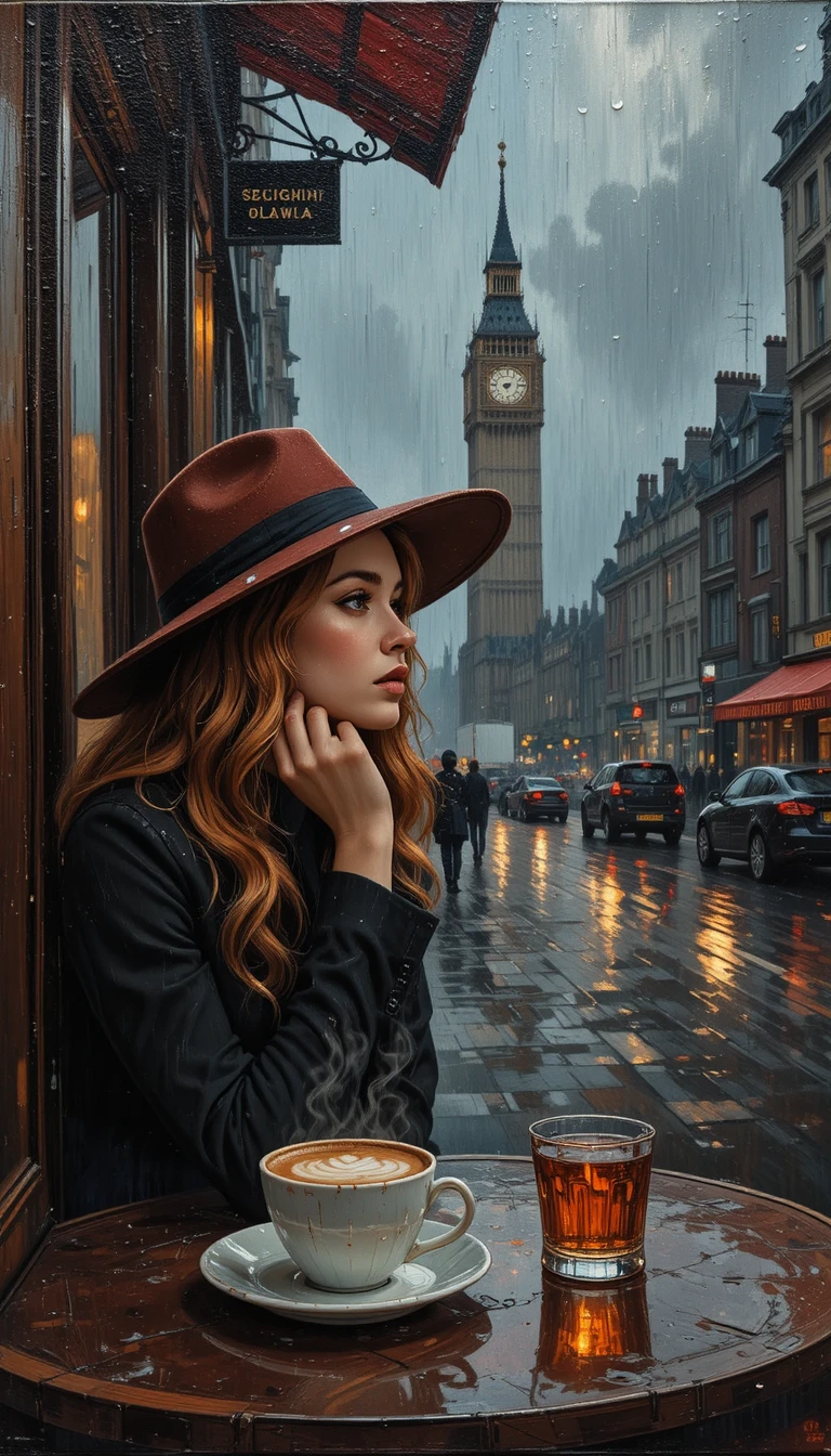 Woman at rainy london cafe in impasto painting