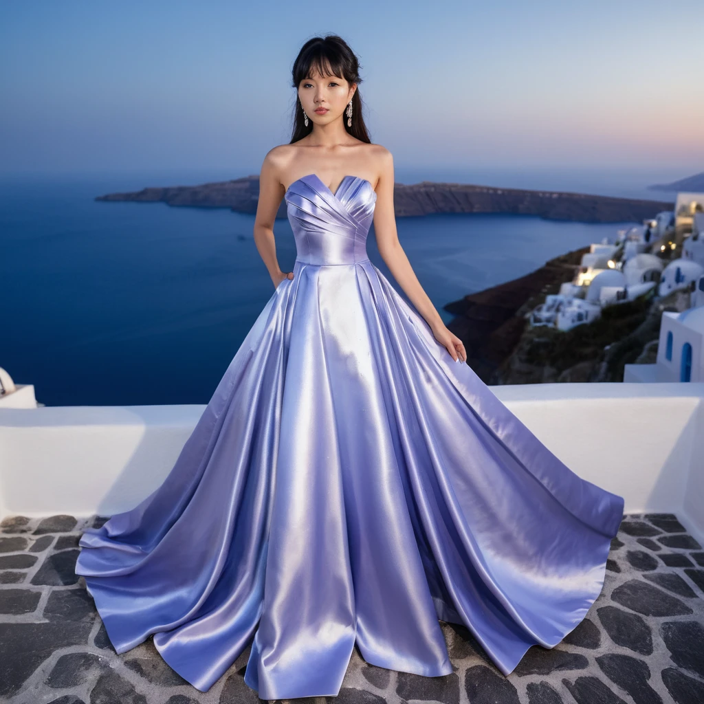 Mulher elegante em vestido de cetim lavanda à noite em Santorini