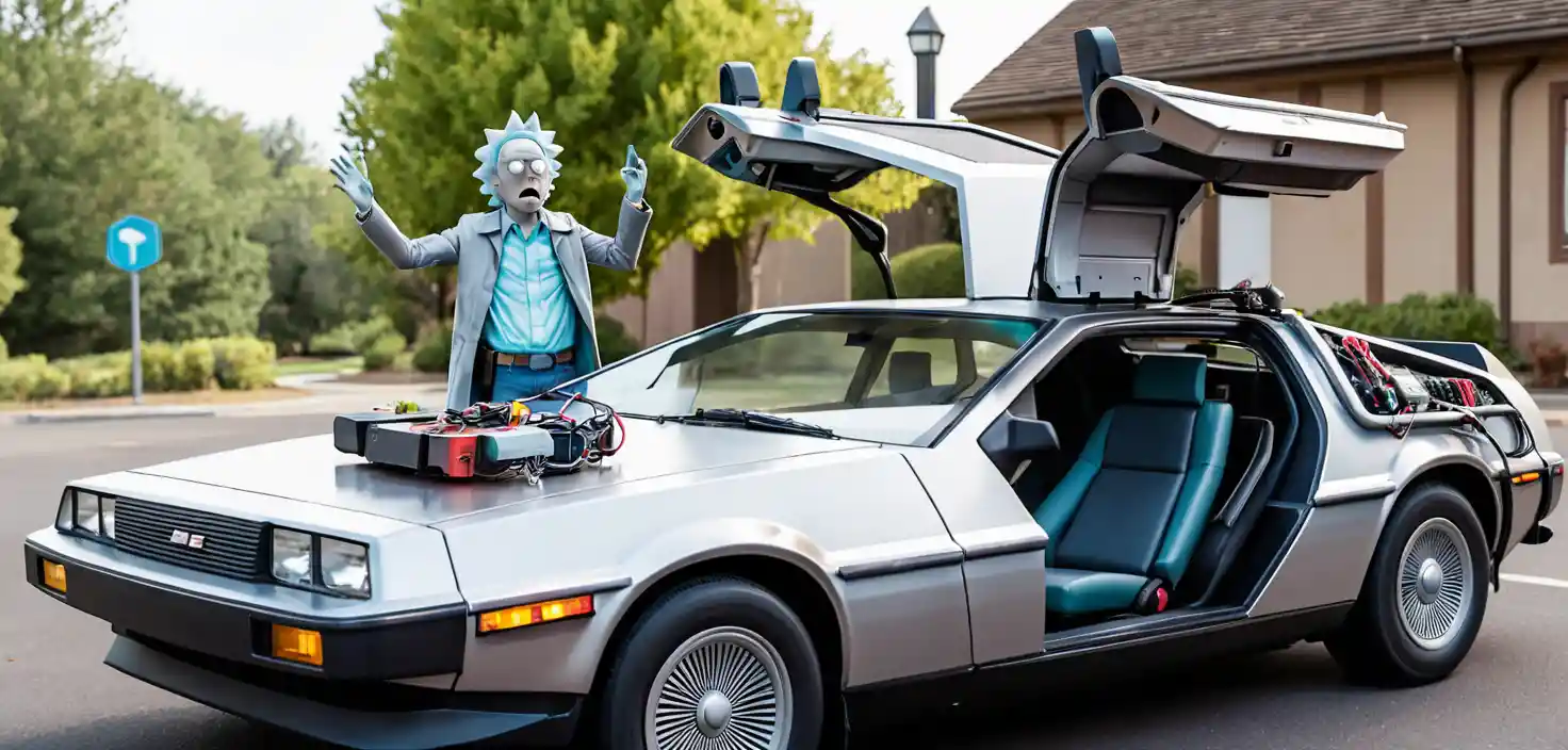 Time travel car facing a glowing interdimensional portal