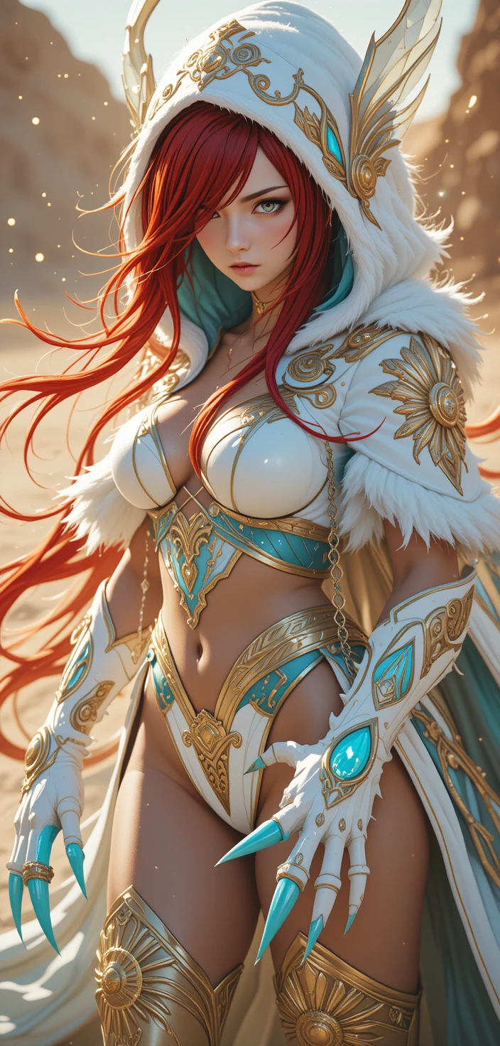 Guerriera anime con rune e capelli cremisi