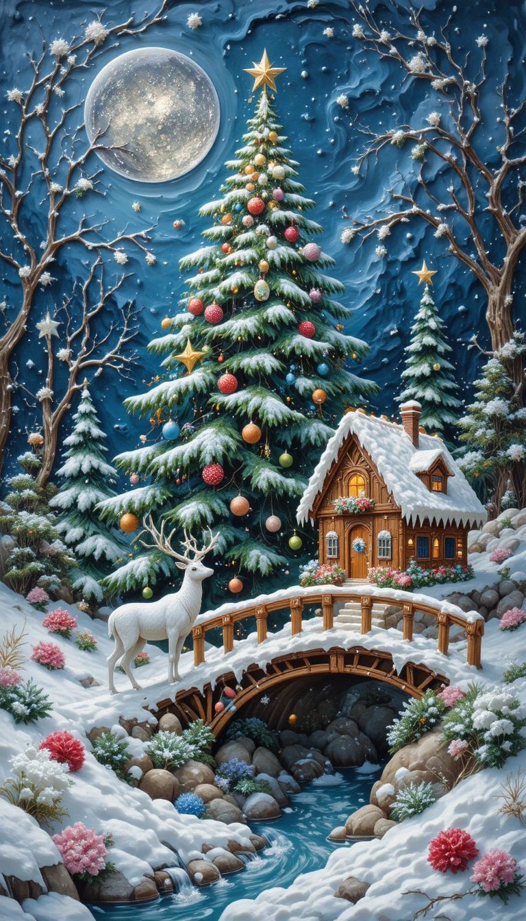 Glossy 3D Christmas gingerbread house in snowy village