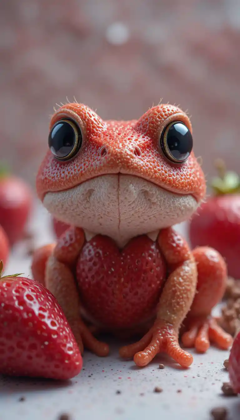 Niedlicher Erdbeer-Frosch mit großen ausdrucksstarken Augen