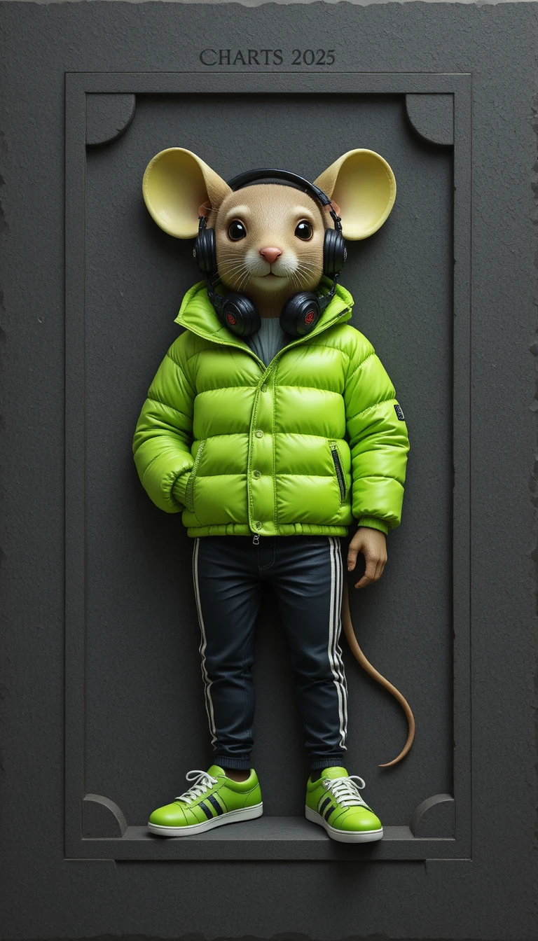 Rato em baixo-relevo art déco com streetwear verde neon
