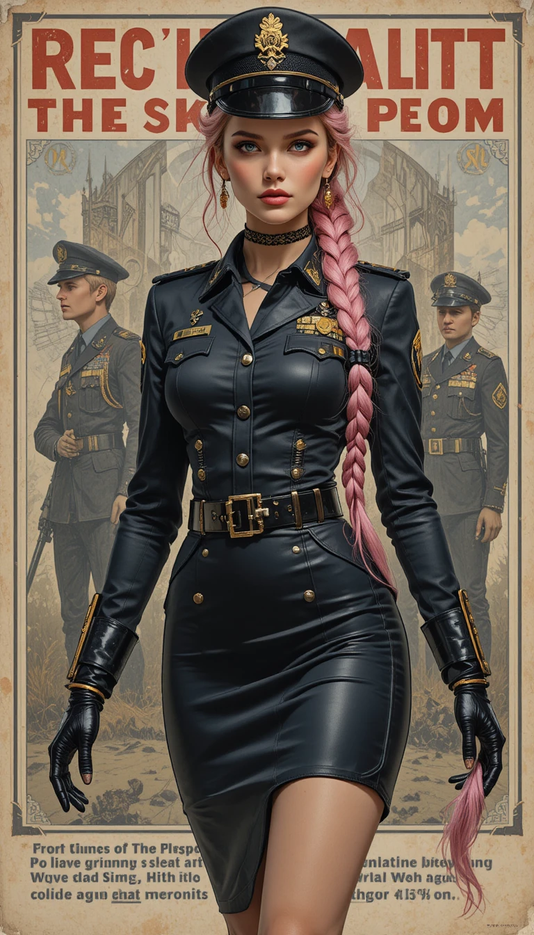 Policière steampunk à tresse rose en uniforme fantastique