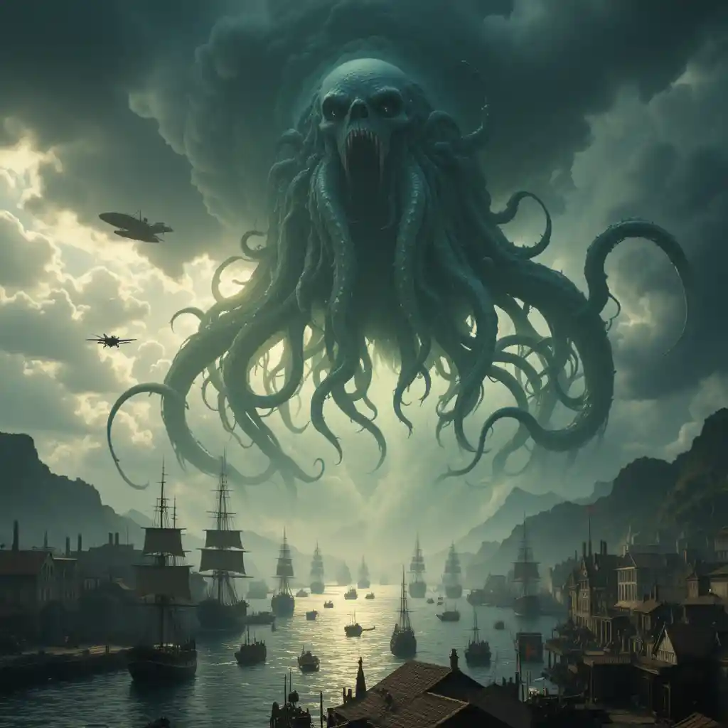 Mostro colossale tentacolato incombente su un tranquillo porto costiero