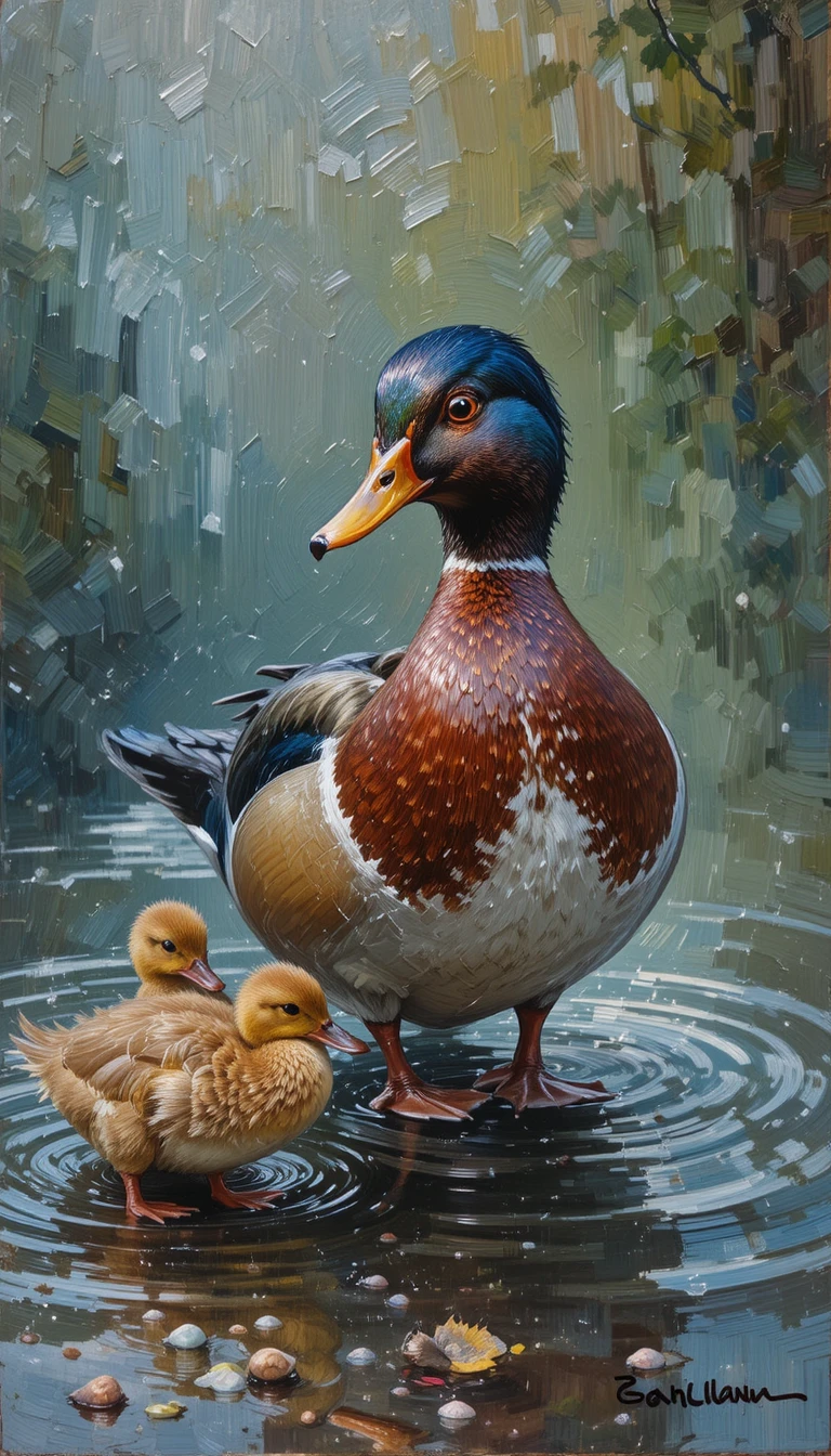 Pato colorido e patinhos em um lago – pintura a óleo