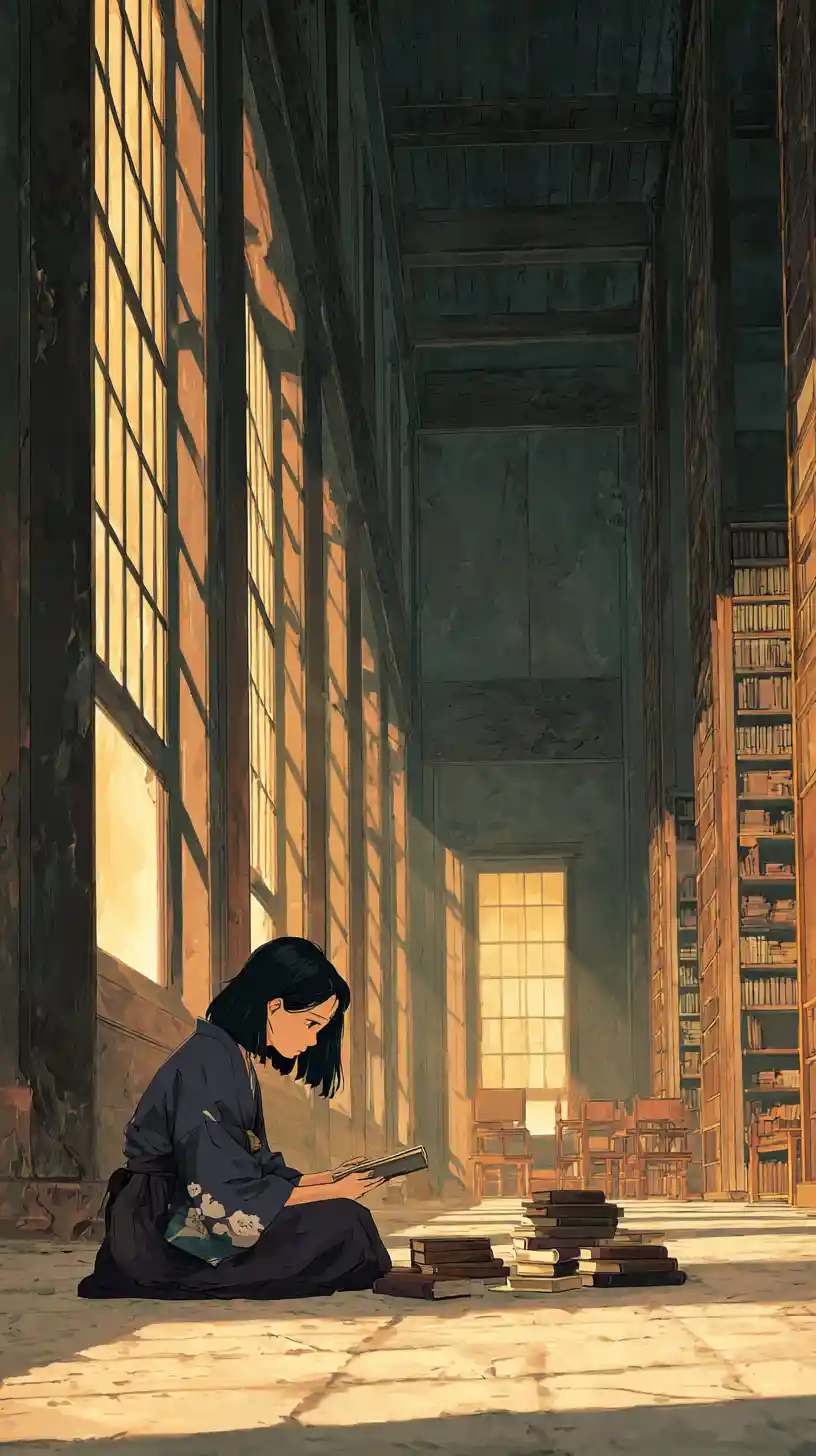Chica de anime leyendo en el suelo de una antigua biblioteca