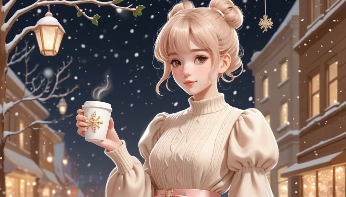 Fille d’anime en robe d’hiver sous de douces lumières de Noël