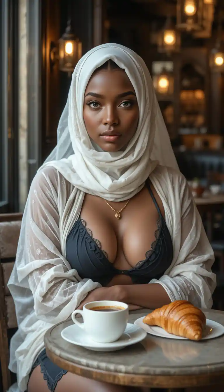 Woman in white hijab relaxing in a Parisian cafe