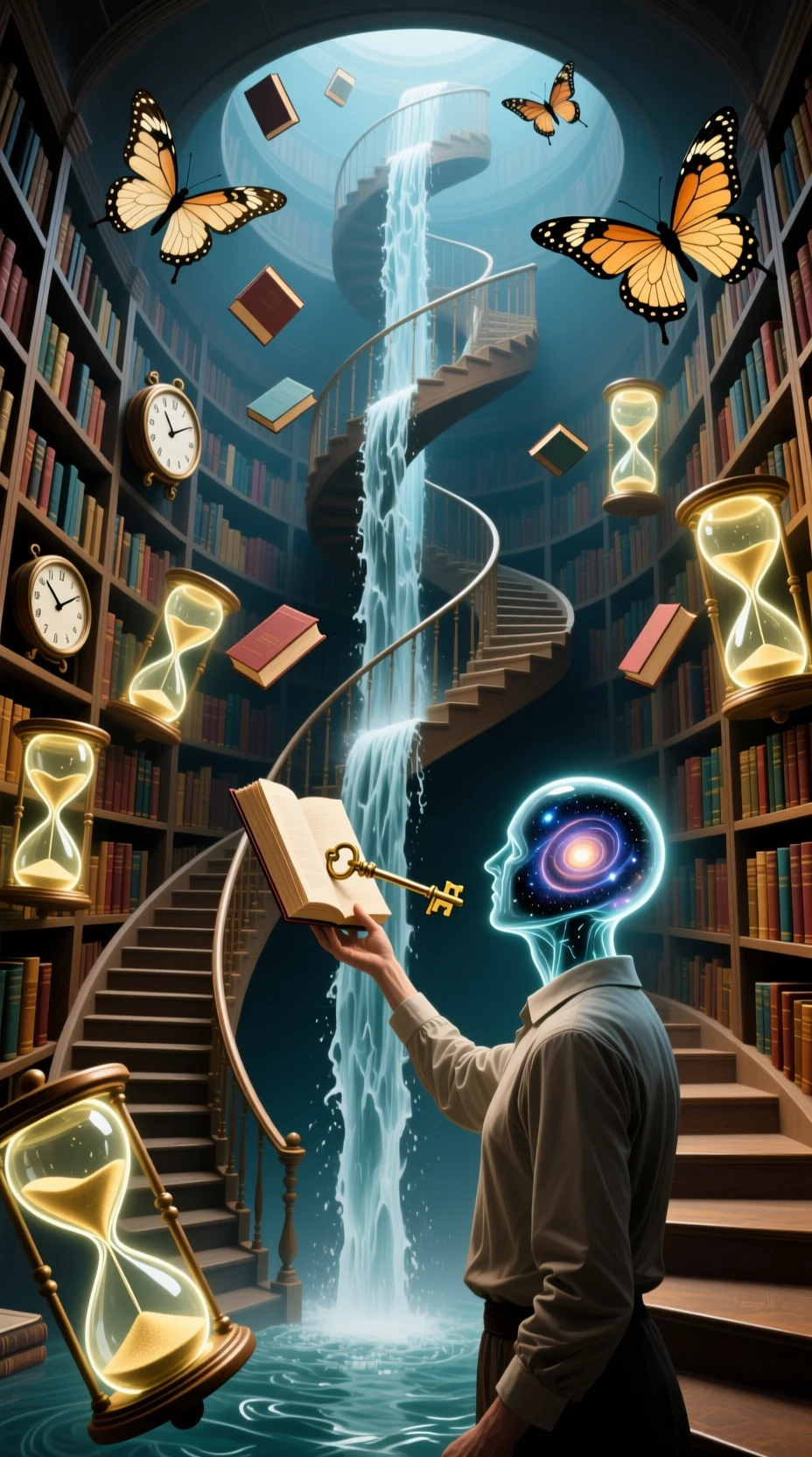 Biblioteca infinita surreal com escadarias em espiral e ampulhetas