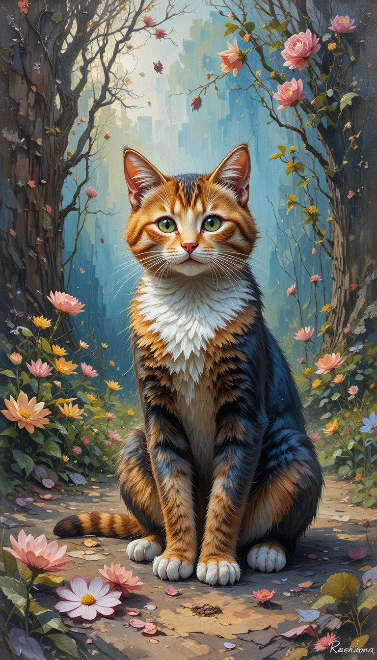 Dipinto a impasto del Gatto con gli Stivali in una vivida scena da fiaba