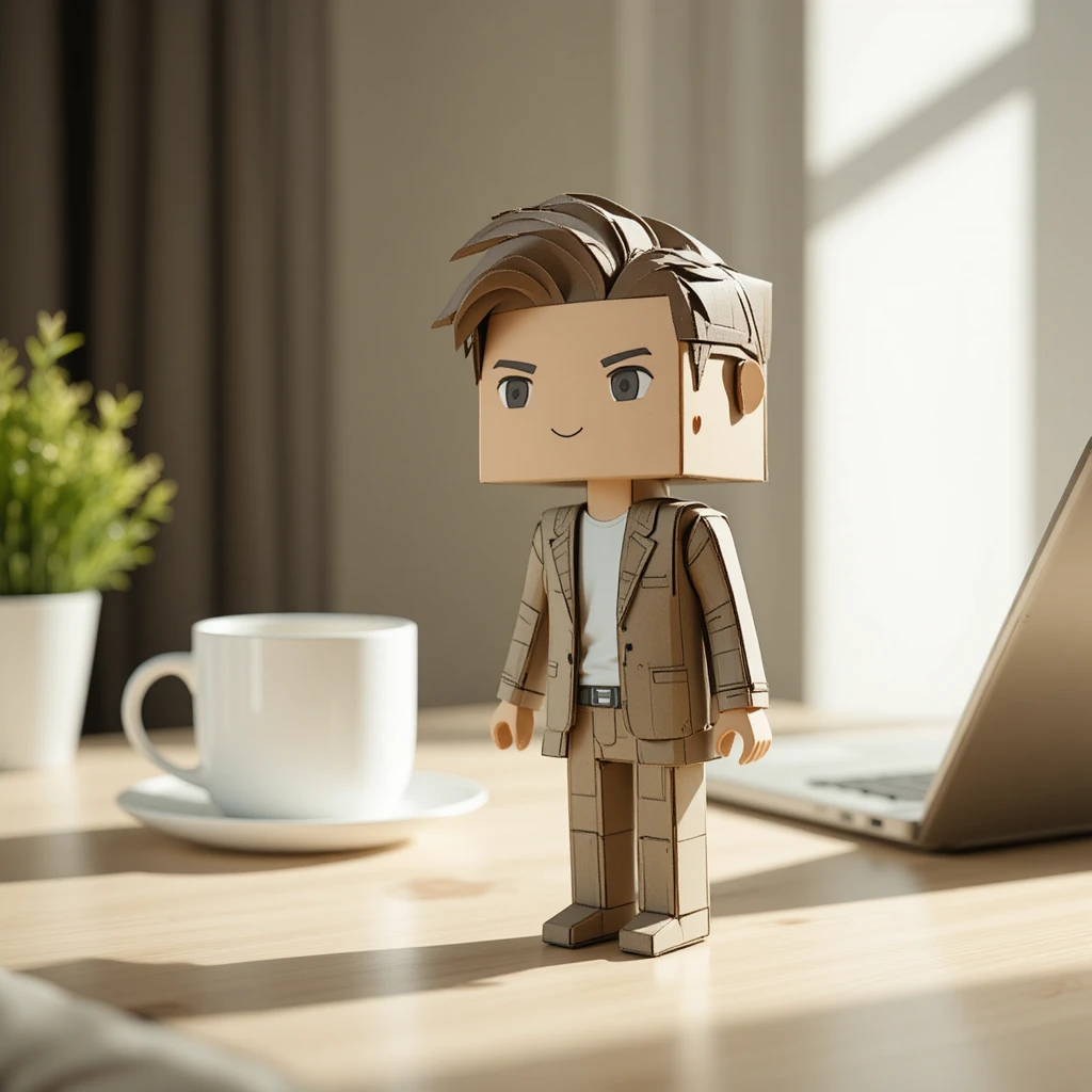 Papercraft-Spielzeugfigur auf modernem Schreibtisch mit Laptop und Tasse