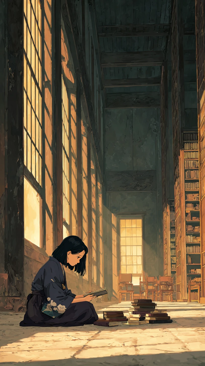Ragazza anime che legge sul pavimento di un'antica biblioteca