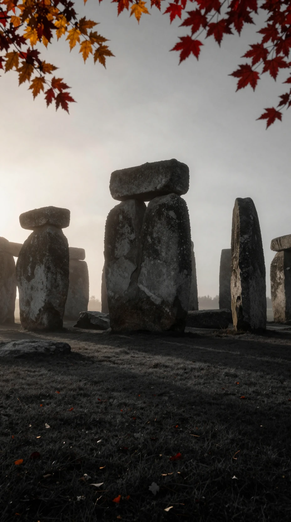 Surrealer Stonehenge bei Sonnenaufgang in nebliger Herbstlandschaft