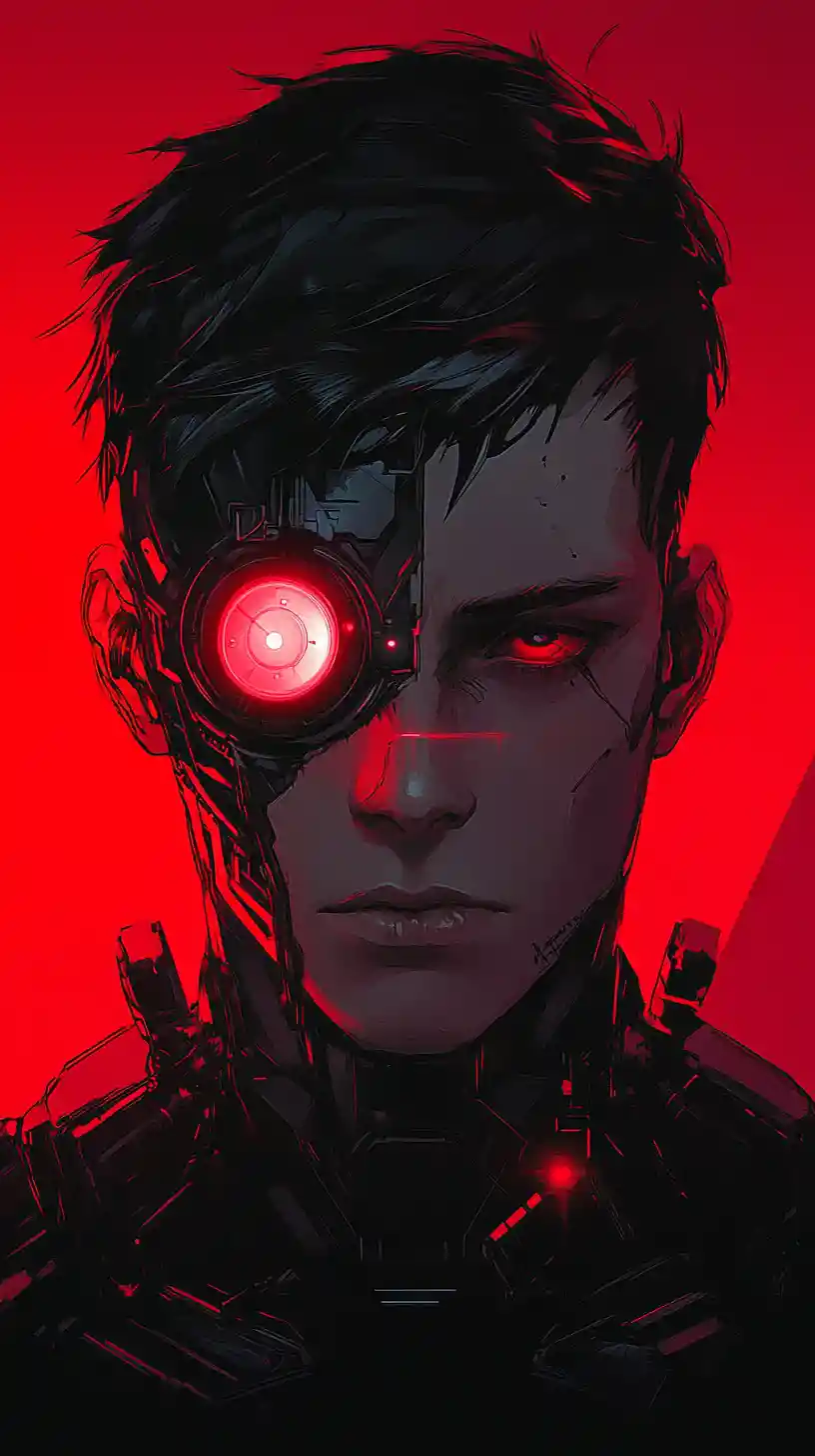 Grübelndes Cyborg-Porträt mit leuchtend roten kybernetischen Augen