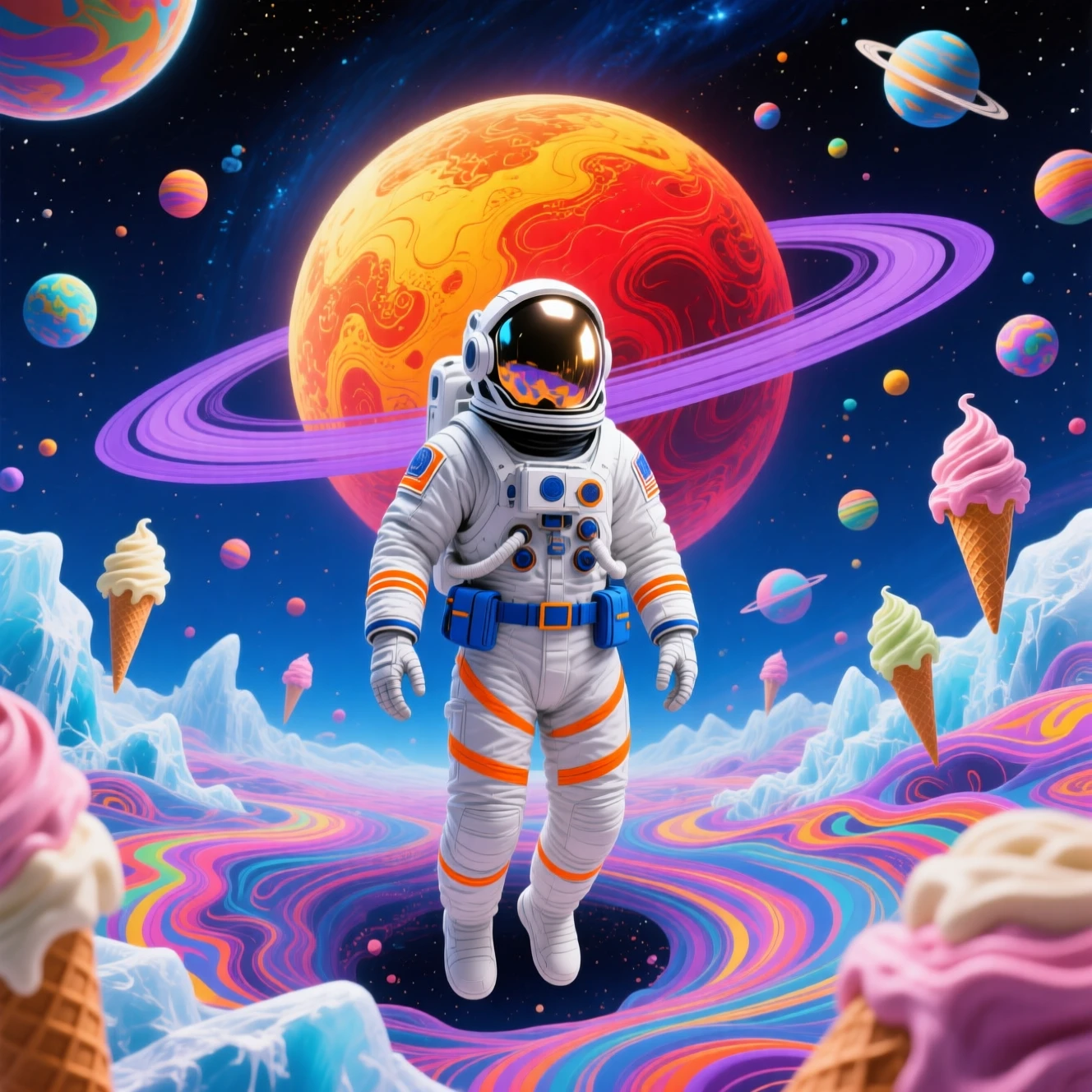 漂浮在繽紛冰淇淋行星之間的太空人