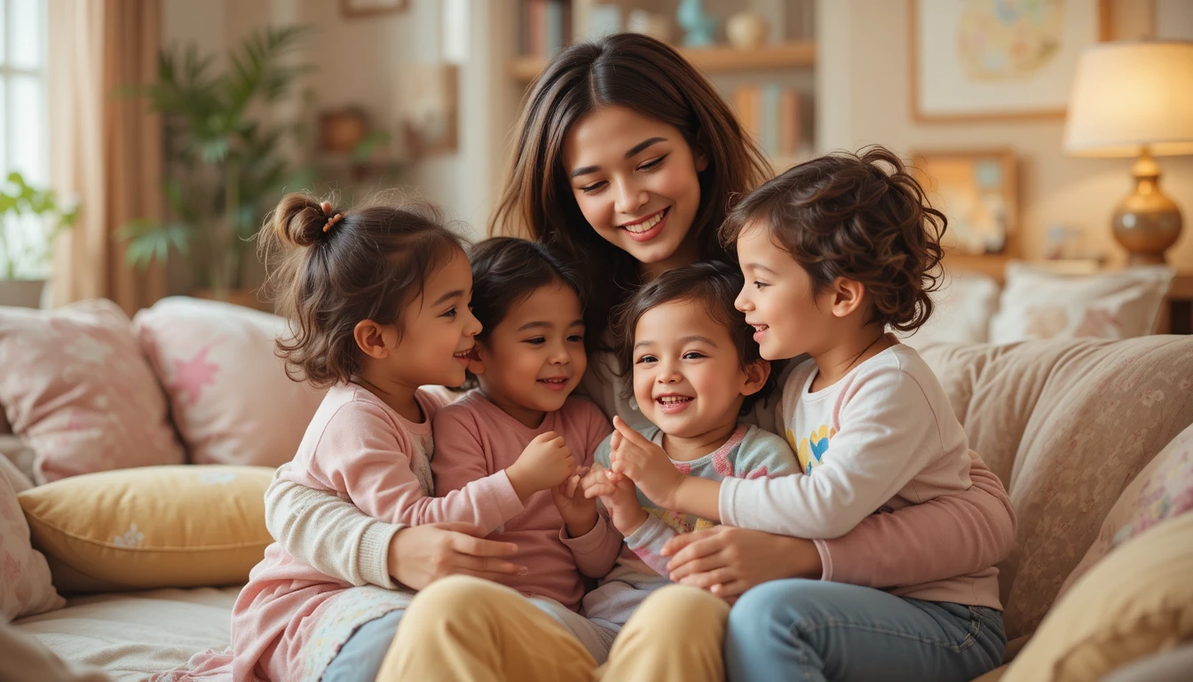 Mother cuddling children in a warm family living room