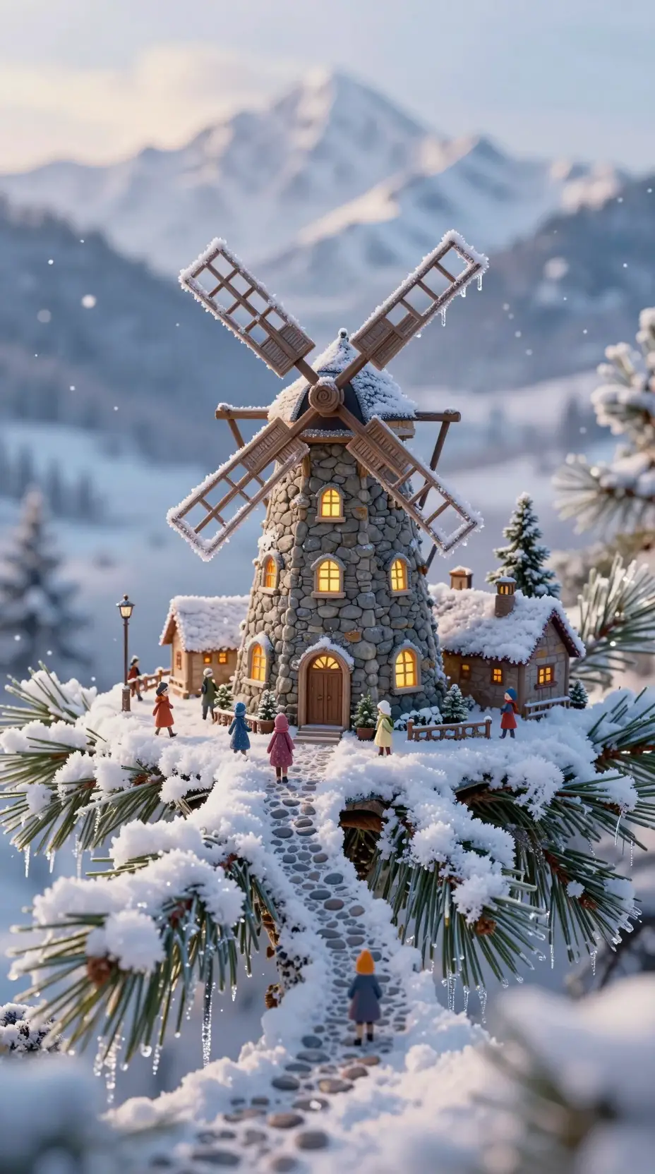 Magisches Miniatur-Winterdorf auf schneebedecktem Kiefernzweig