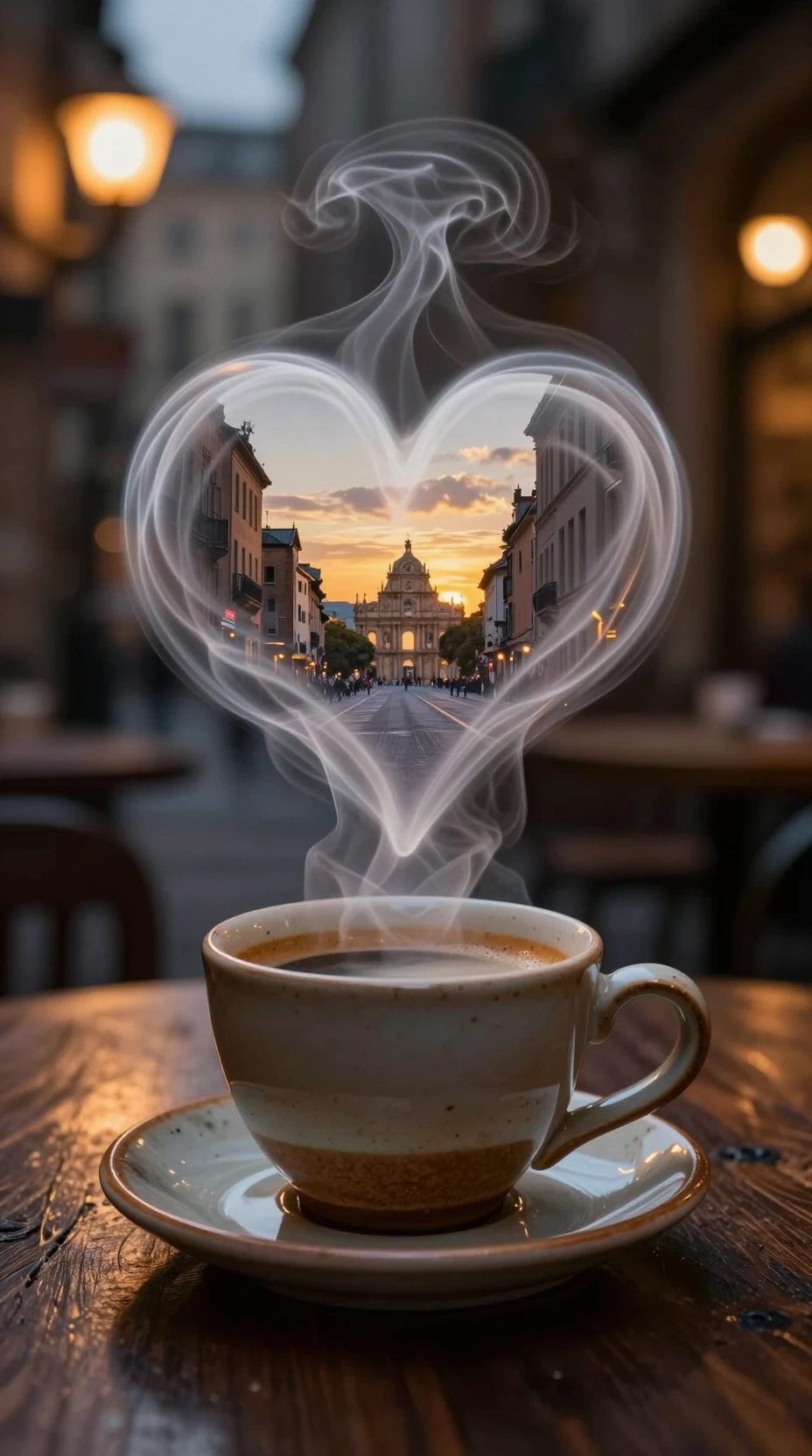 Tasse à espresso rustique avec vapeur en forme de cœur et scène urbaine
