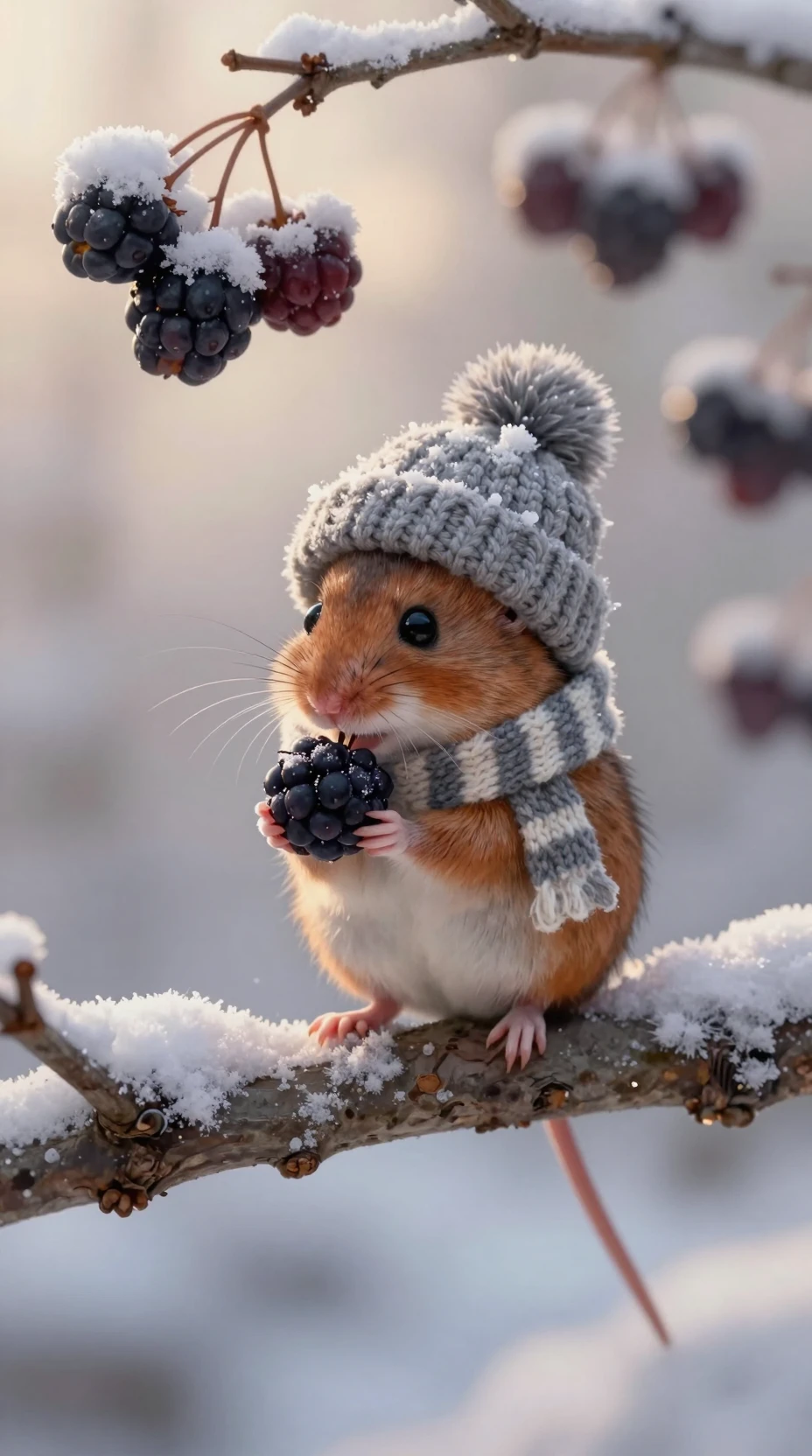 Piccolo topo dei campi con berretto invernale che tiene una mora ghiacciata
