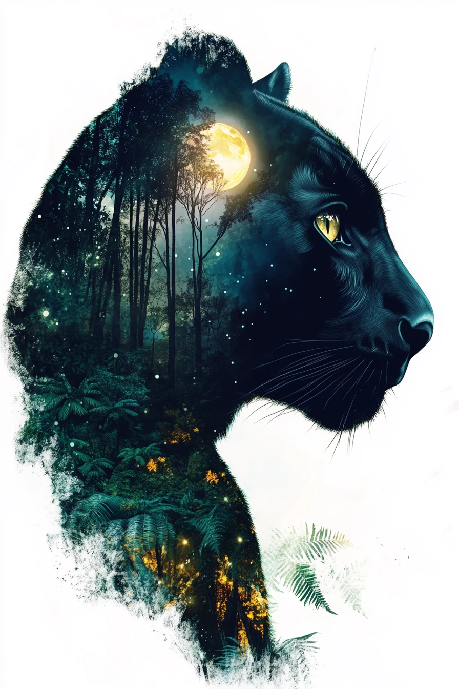 Perfil de pantera negra em uma floresta tropical surreal ao luar
