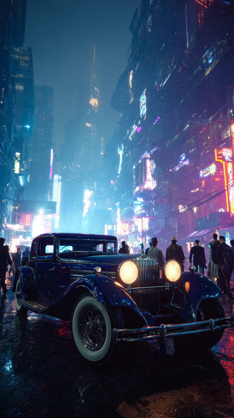 Oldtimer in einer neonbeleuchteten futuristischen Cyberpunk-Stadt