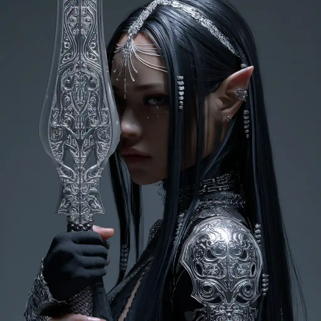 Dark elf warrior woman with curved ornate sword