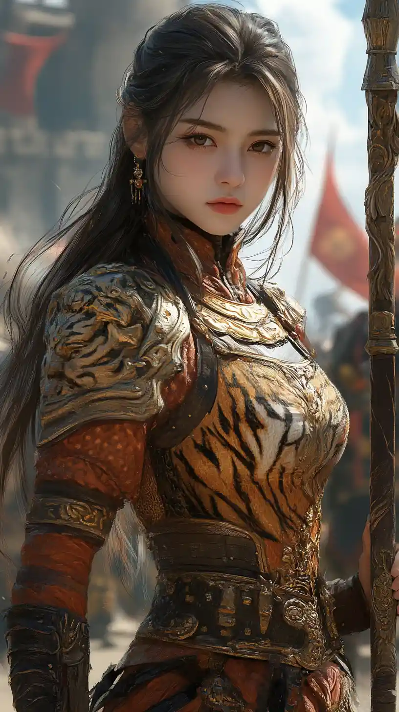 Female captain in tiger armor before a grand castle