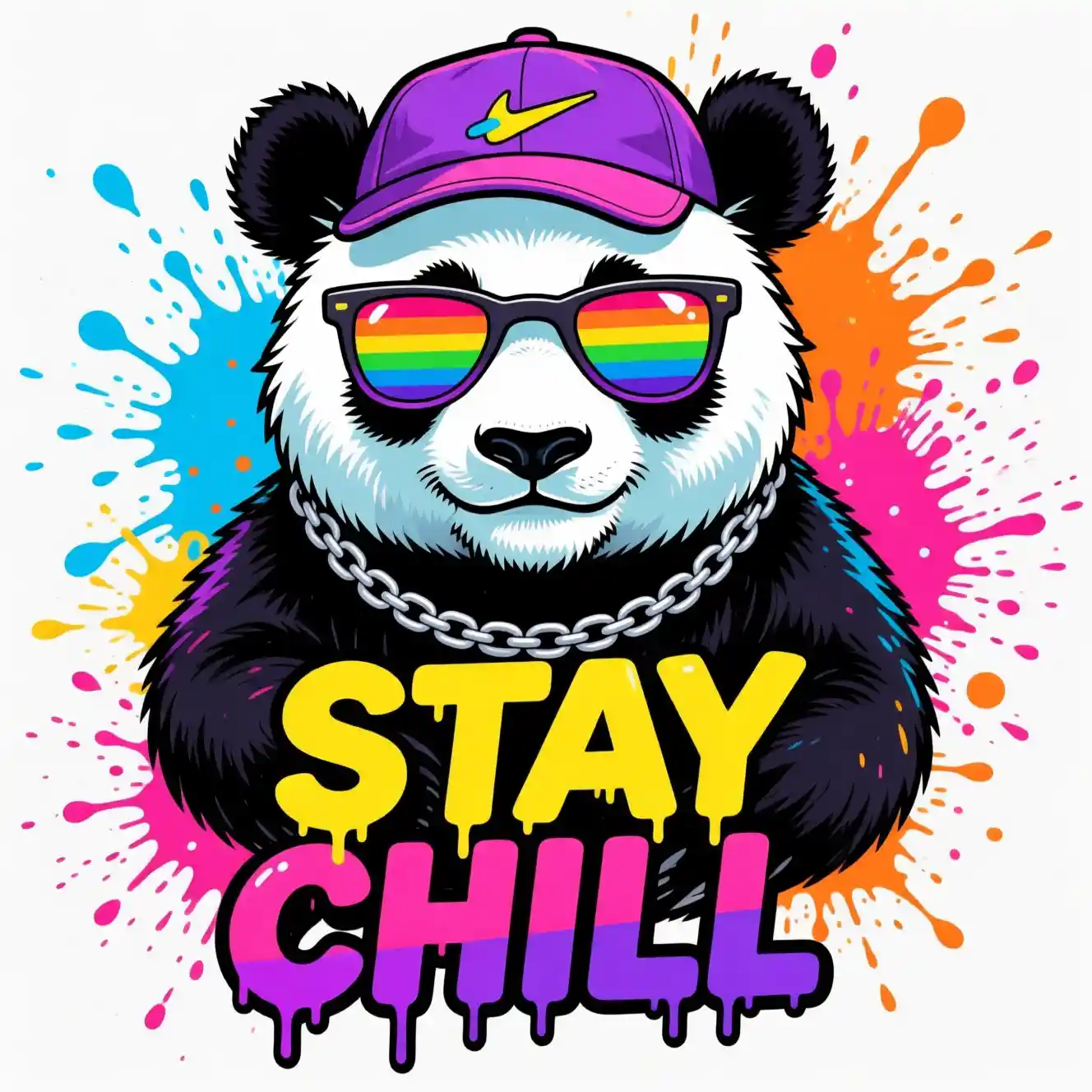 Cooler Panda mit Regenbogenbrille und „Stay Chill“-Slogan
