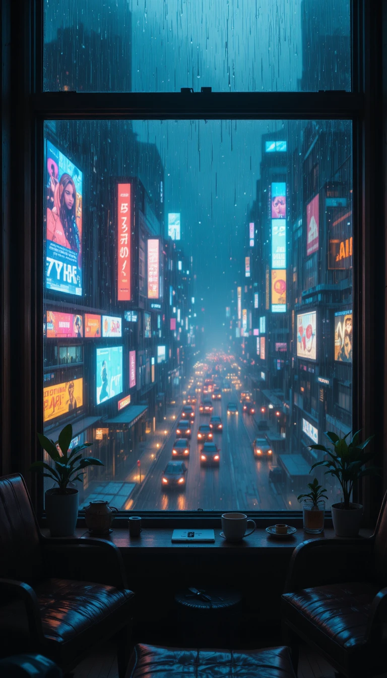 Rainy city view from a cozy cyberpunk apartment chair