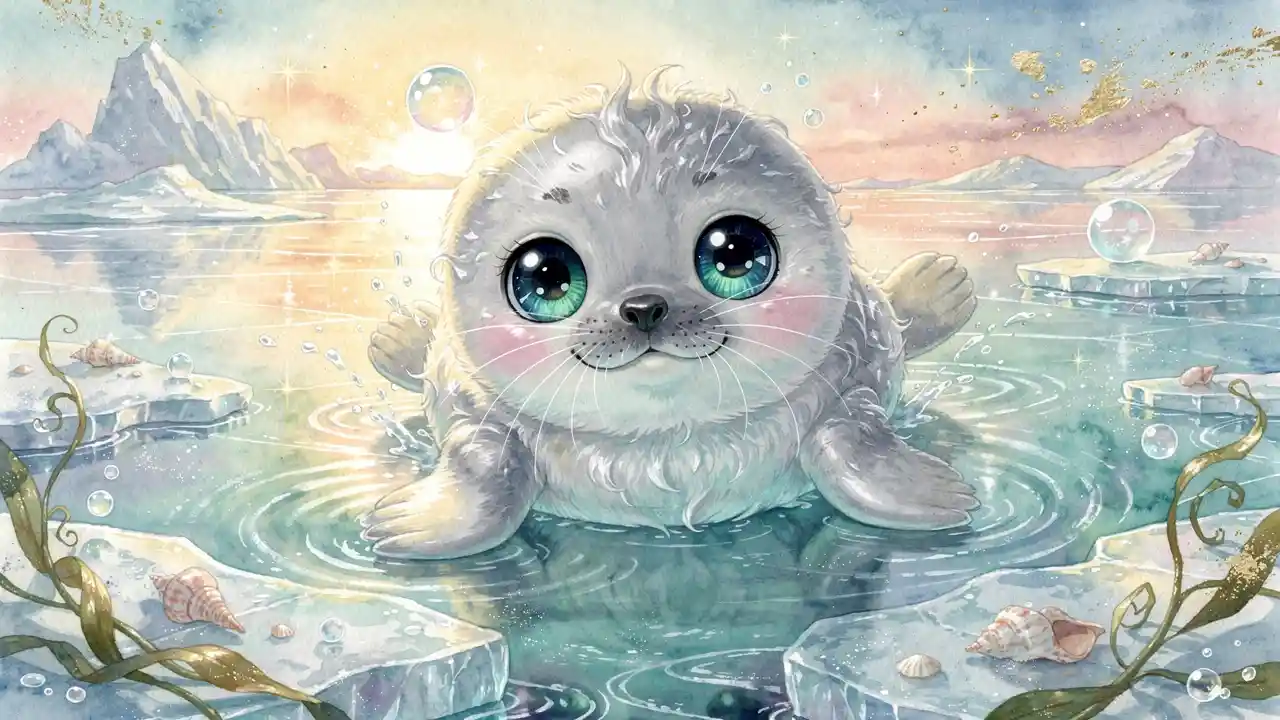 Cute baby seal sliding on icy pools in watercolor