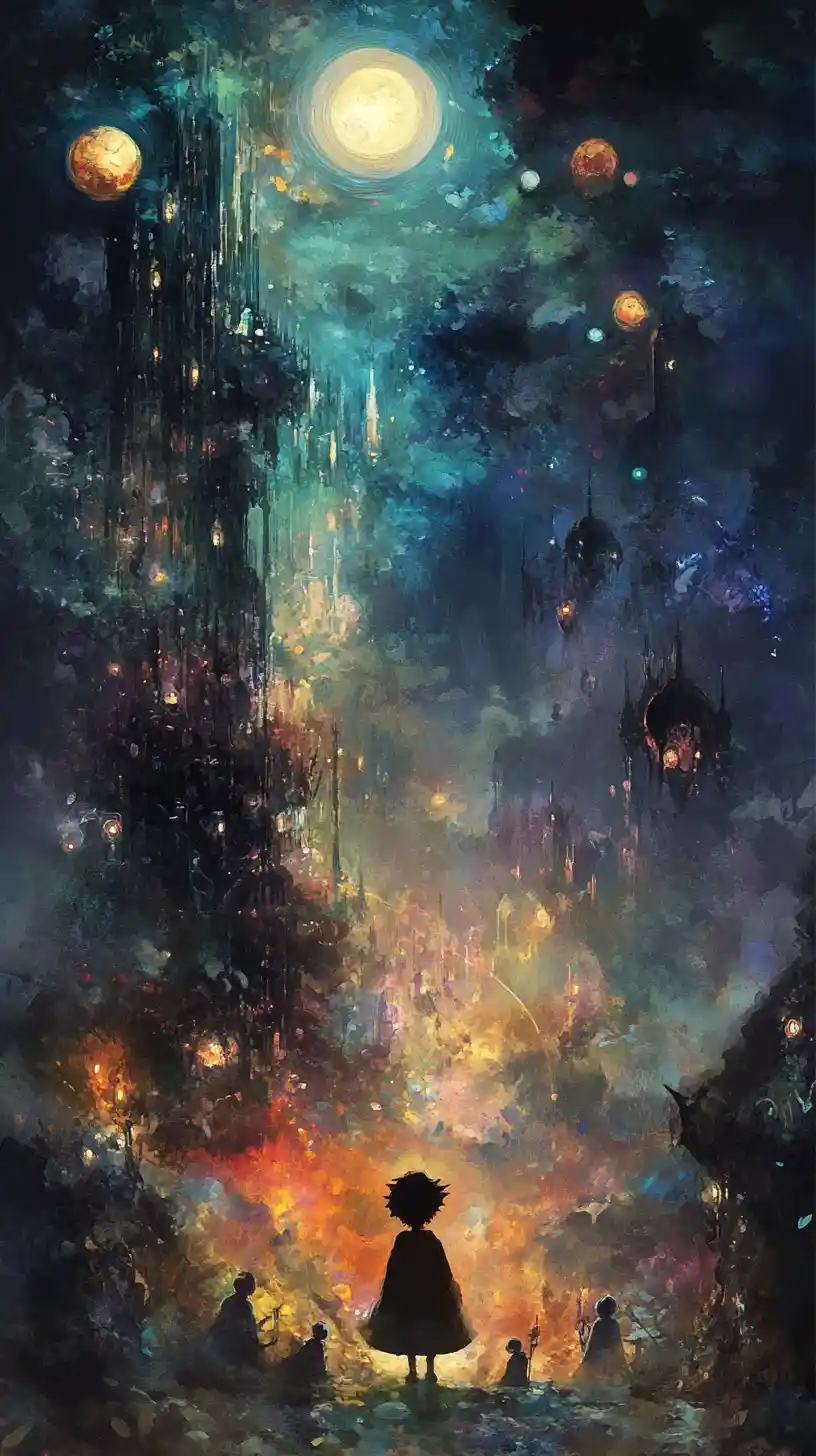 Espíritos místicos de fuligem em uma colorida cidade fantástica de cristal