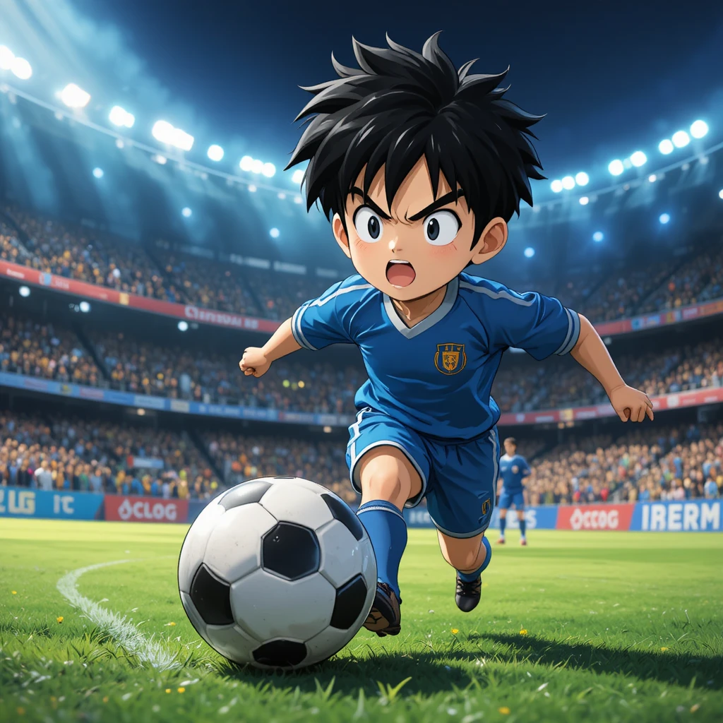 Anime boy sprinting on soccer field under stadium lights
