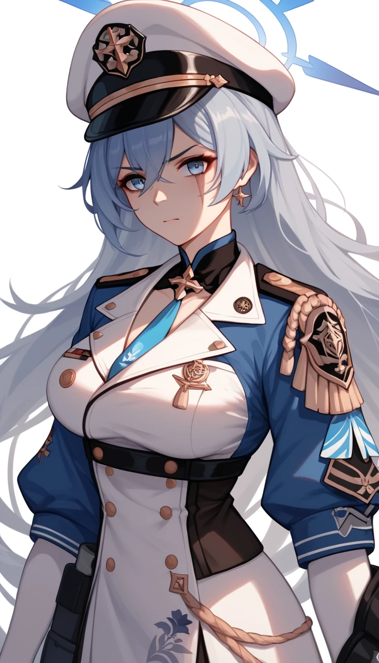 Scarred warrior woman in white military cap at naval base