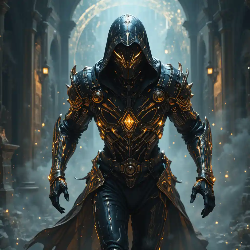 Cybernetic assassin in black and gold armor running in shadows