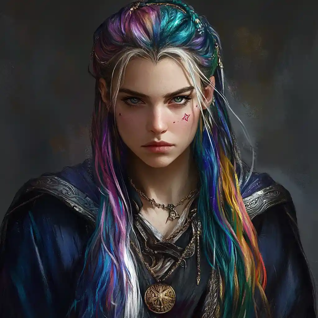 Mystical druid girl with colorful hair and bright eyes