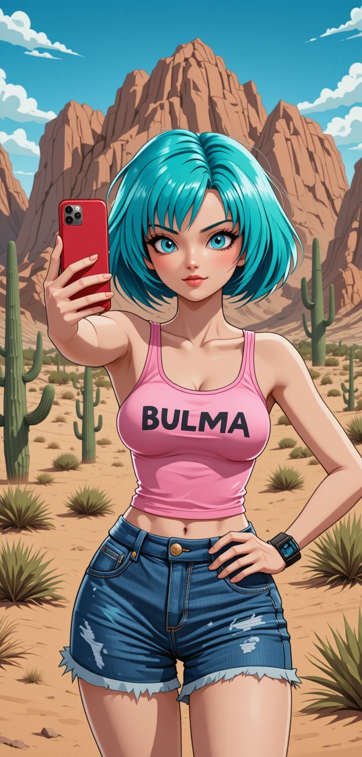 Anime-Frau, die in einer sonnendurchfluteten Wüstenlandschaft ein Selfie macht