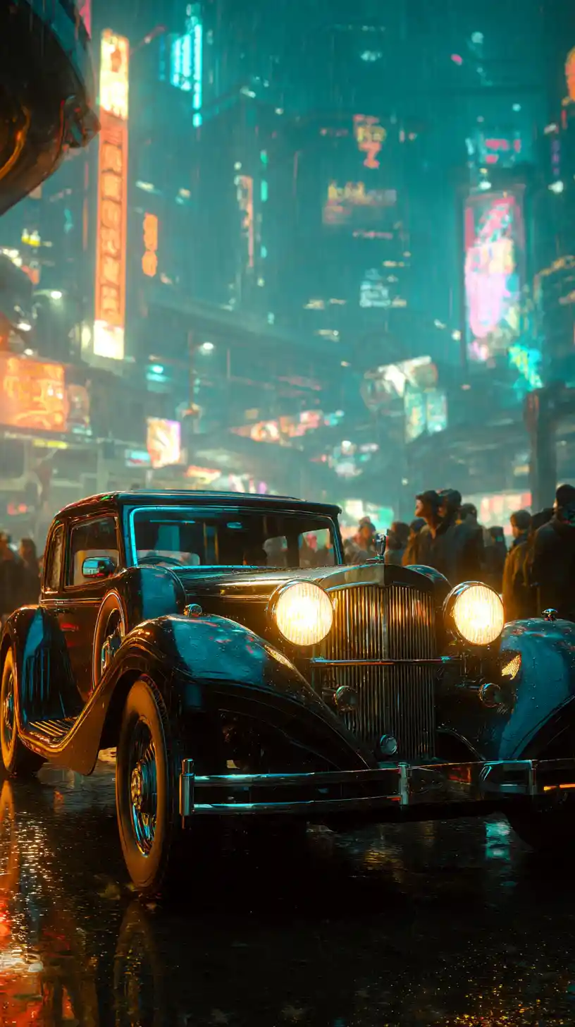 Auto d’epoca che brilla davanti a uno skyline cyberpunk al neon