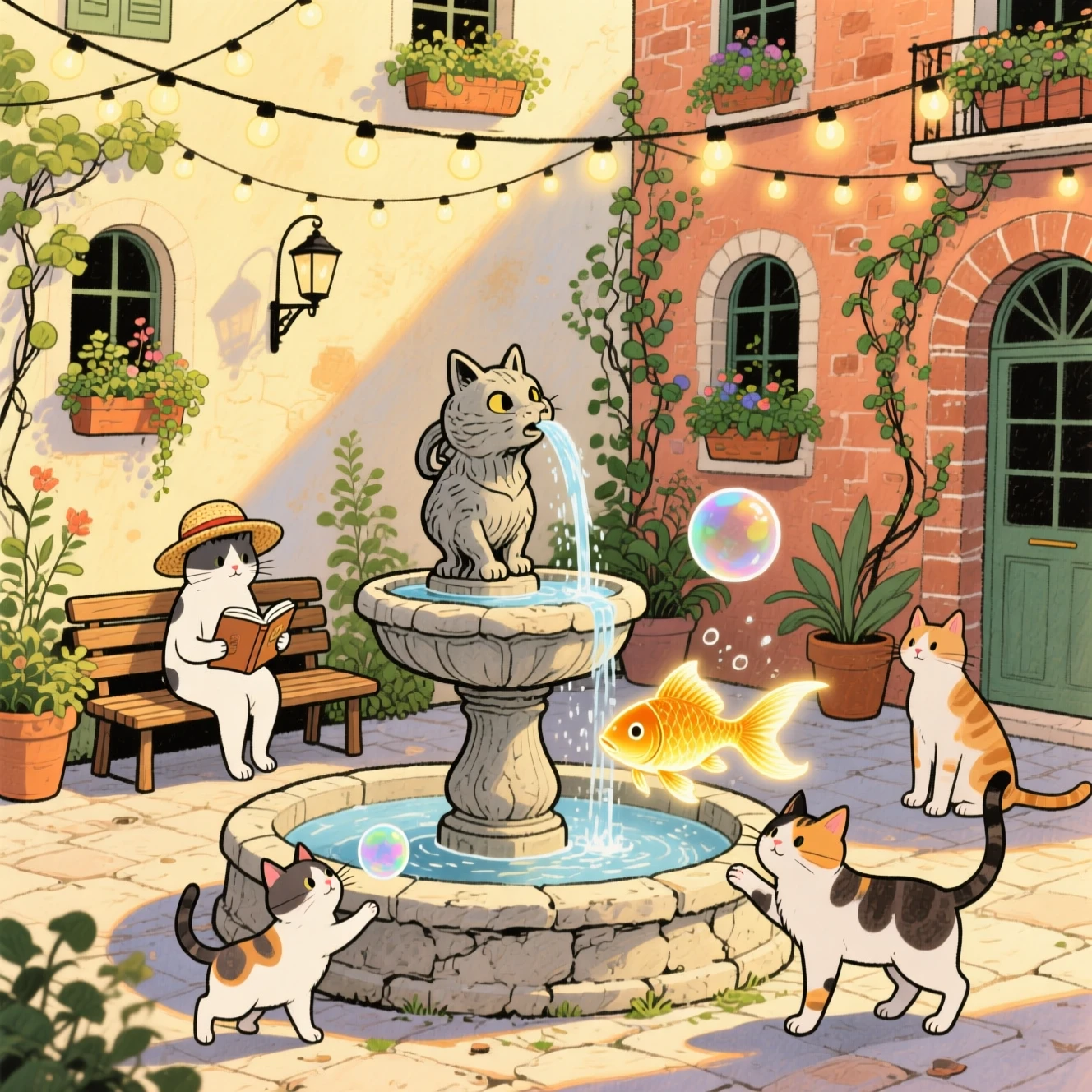 Ilustração de Gatos Fantasiosos em Torno de um Pátio com Fonte de Pedra