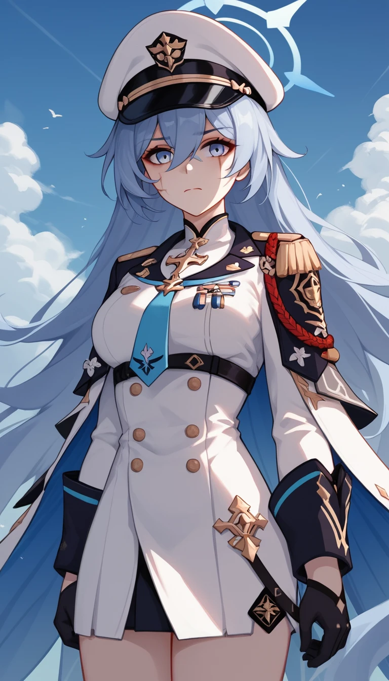 Scarred warrior woman in white military cap standing strong