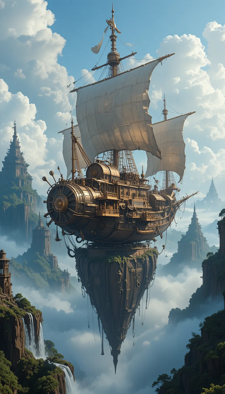 Dirigível steampunk navegando entre ilhas flutuantes pontiagudas