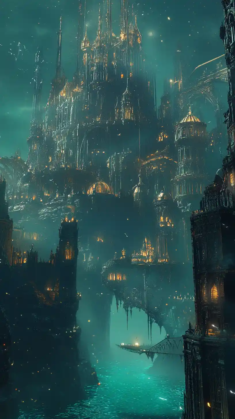 Mystical sea leviathan rising before a ruined fantasy city