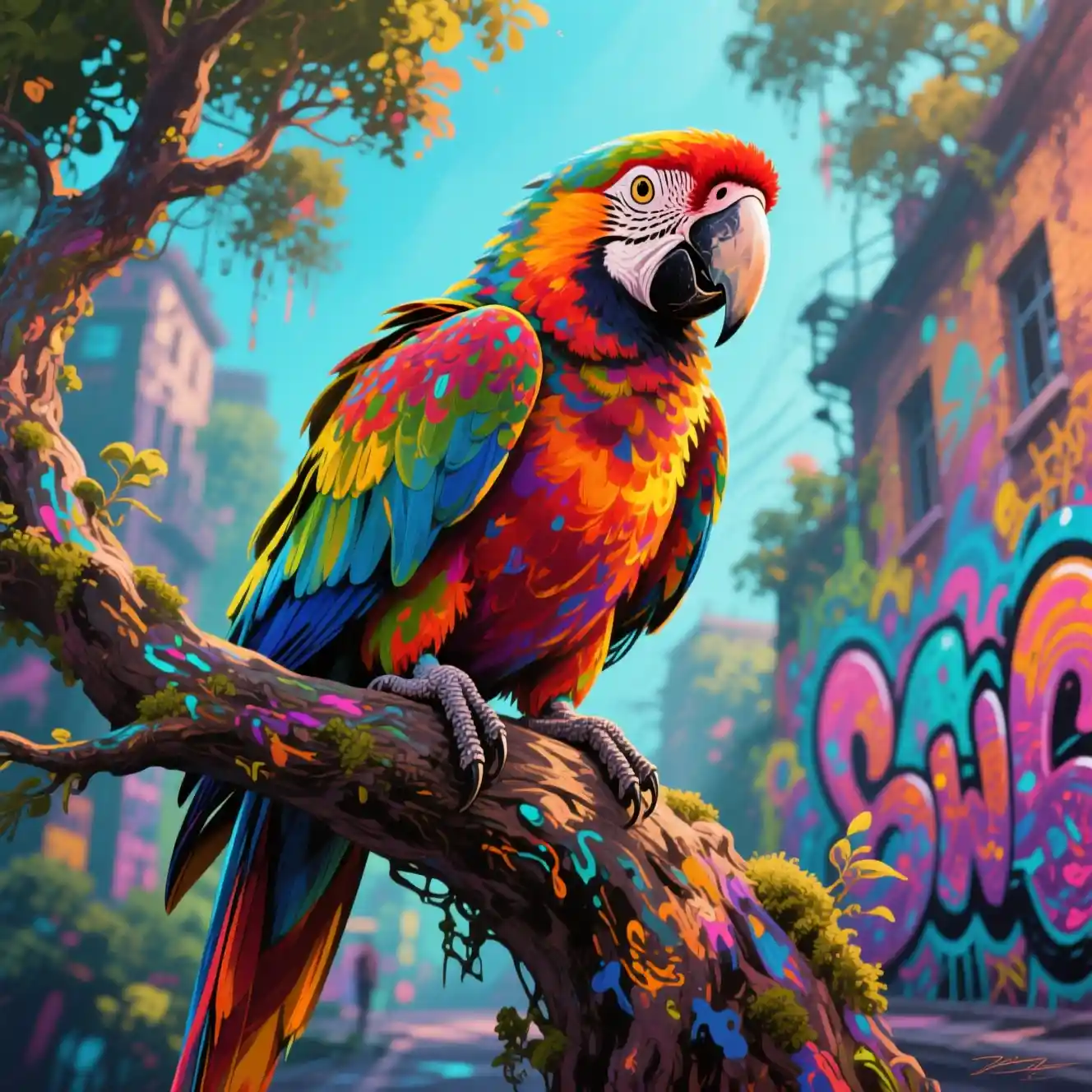 Colorful fantasy parrot perched high on a tree