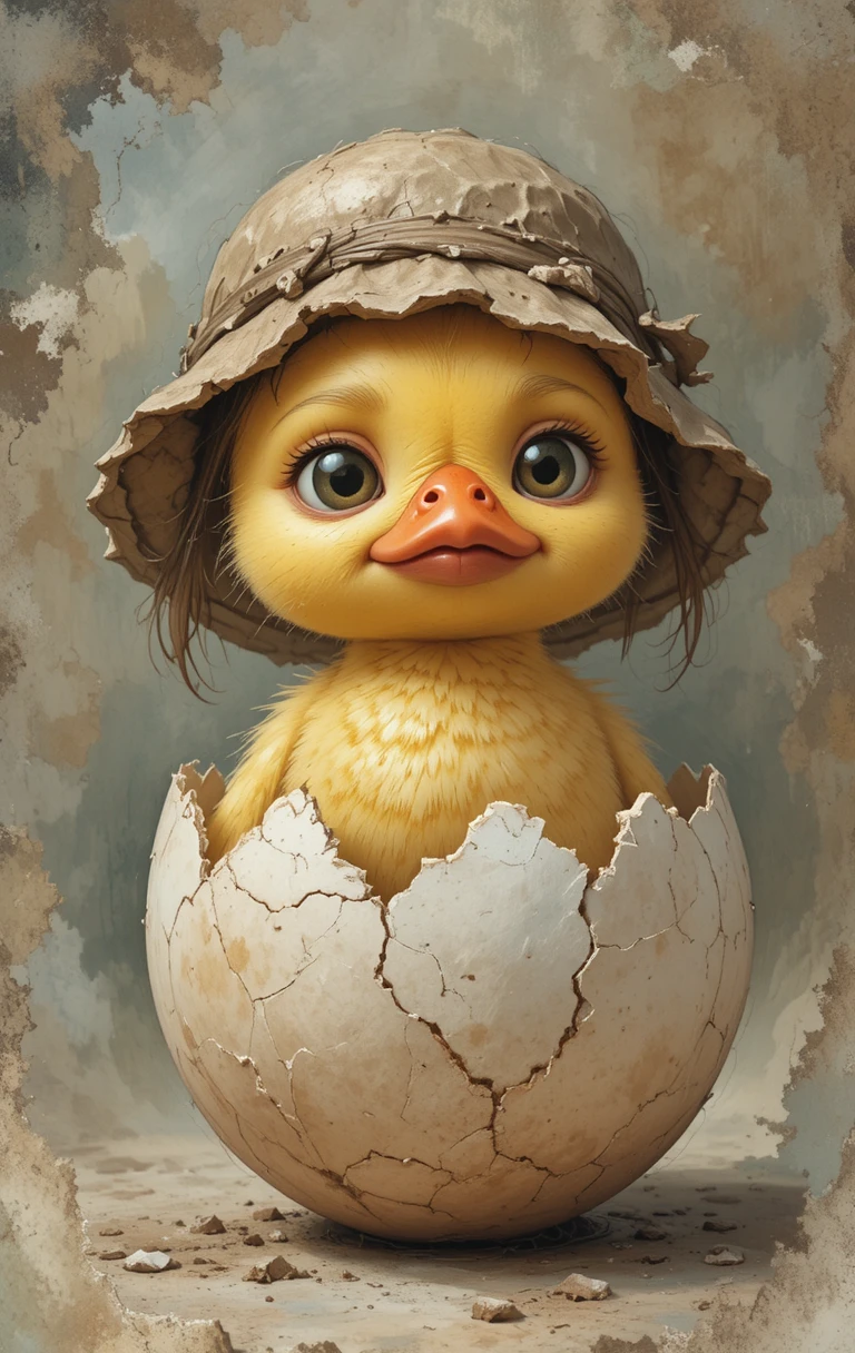 Patito amarillo triste en cáscara de huevo rota - pintura digital