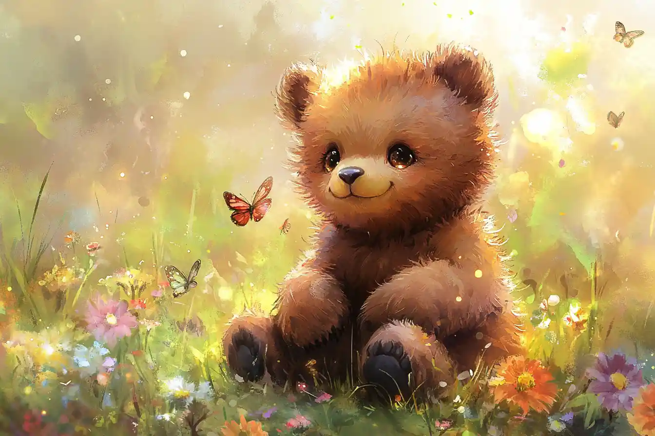 Filhote de urso fofo em um prado ensolarado em aquarela