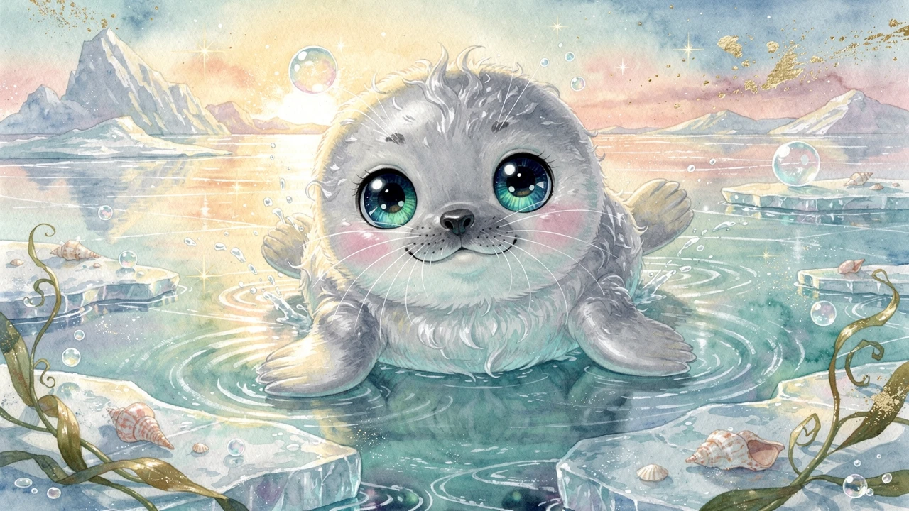 Foca bebê fofa escorregando em poças de gelo em aquarela