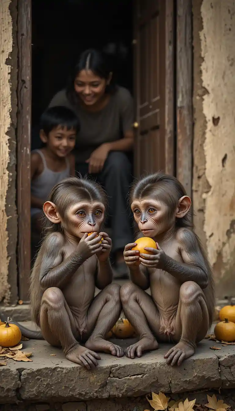 Deux jeunes singes mangent des fruits à l’entrée d’une maison