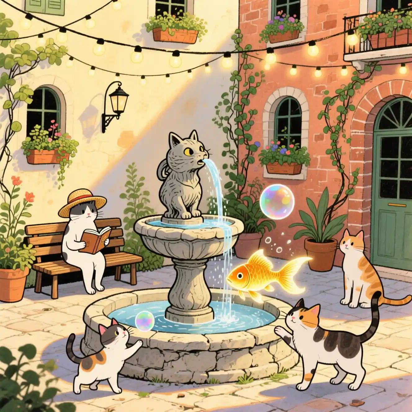 돌 분수가 있는 안뜰을 둘러싼 기 whimsical 한 고양이 일러스트