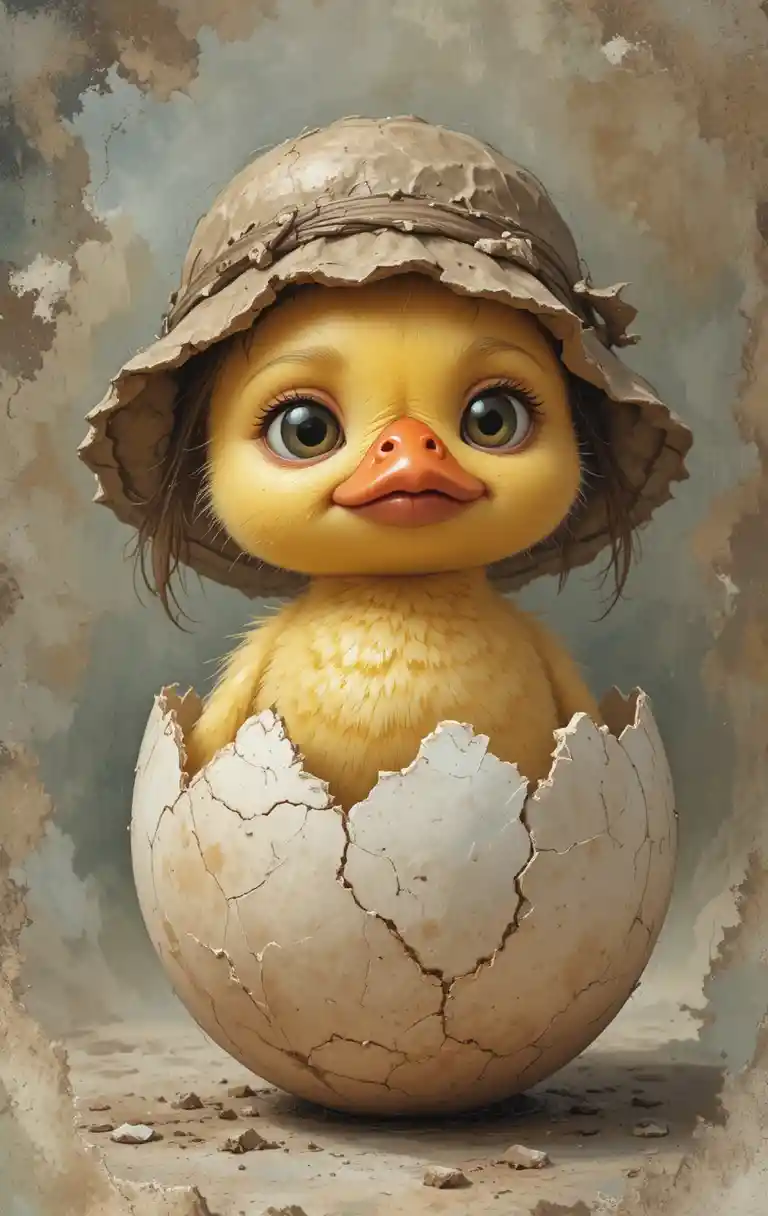 Sad yellow duckling in cracked eggshell digital painting