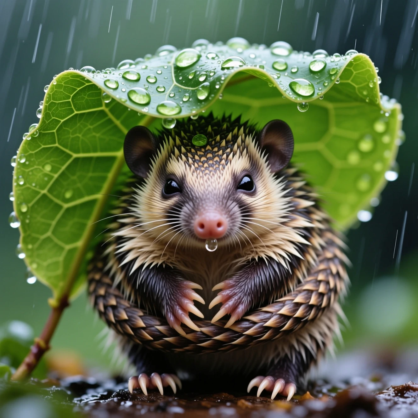 Pequeno tatu abrigando-se sob uma folha na chuva